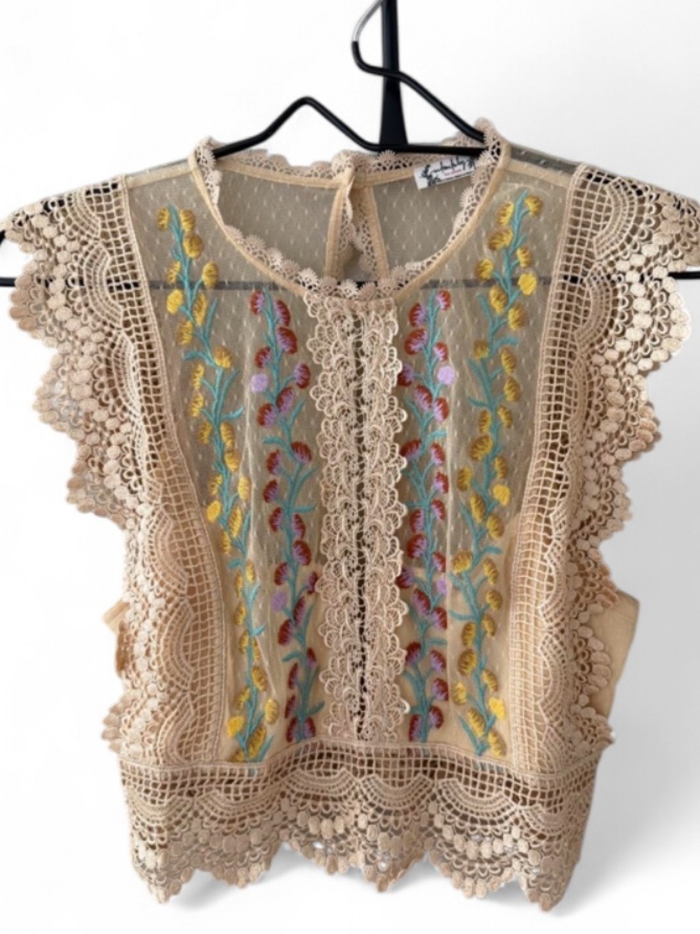 Free People Bisoux Crop Top Lace Embroidered Mesh Boho NWOT Cream M - Picture 3 of 5